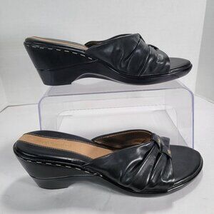 Hush Puppies Womens 8.5 Black Leather Open-Toe Wedge Sandals Comfort Summer Shoe